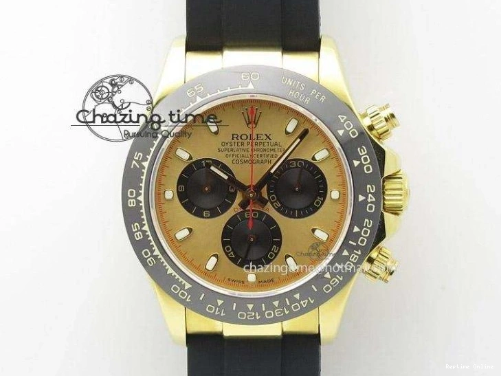 0307 Daytona YG BP Maker Gold Dial Black Subdail Sticks Markers On Rubber Strap A7750@ TravelReady 4009